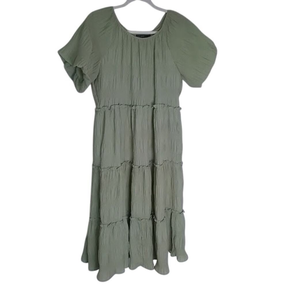 Mikarose Sage Green Tiered Ruffle Midi Dress Puff Sleeve Women’s Size S